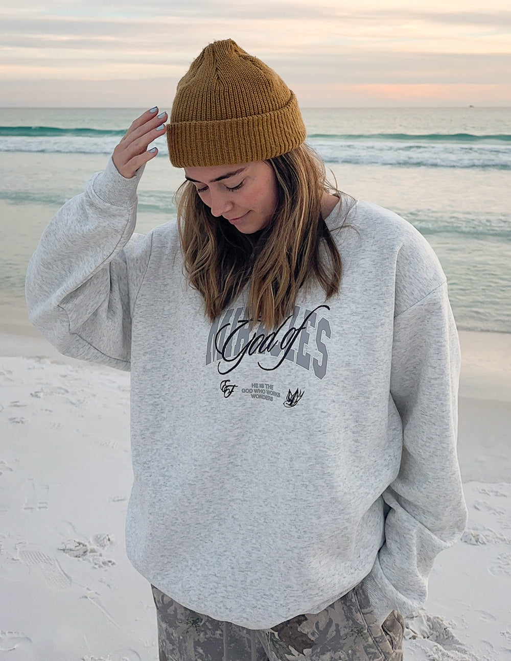 Unisex crewneck sweatshirt in light gray with chest graphic print
