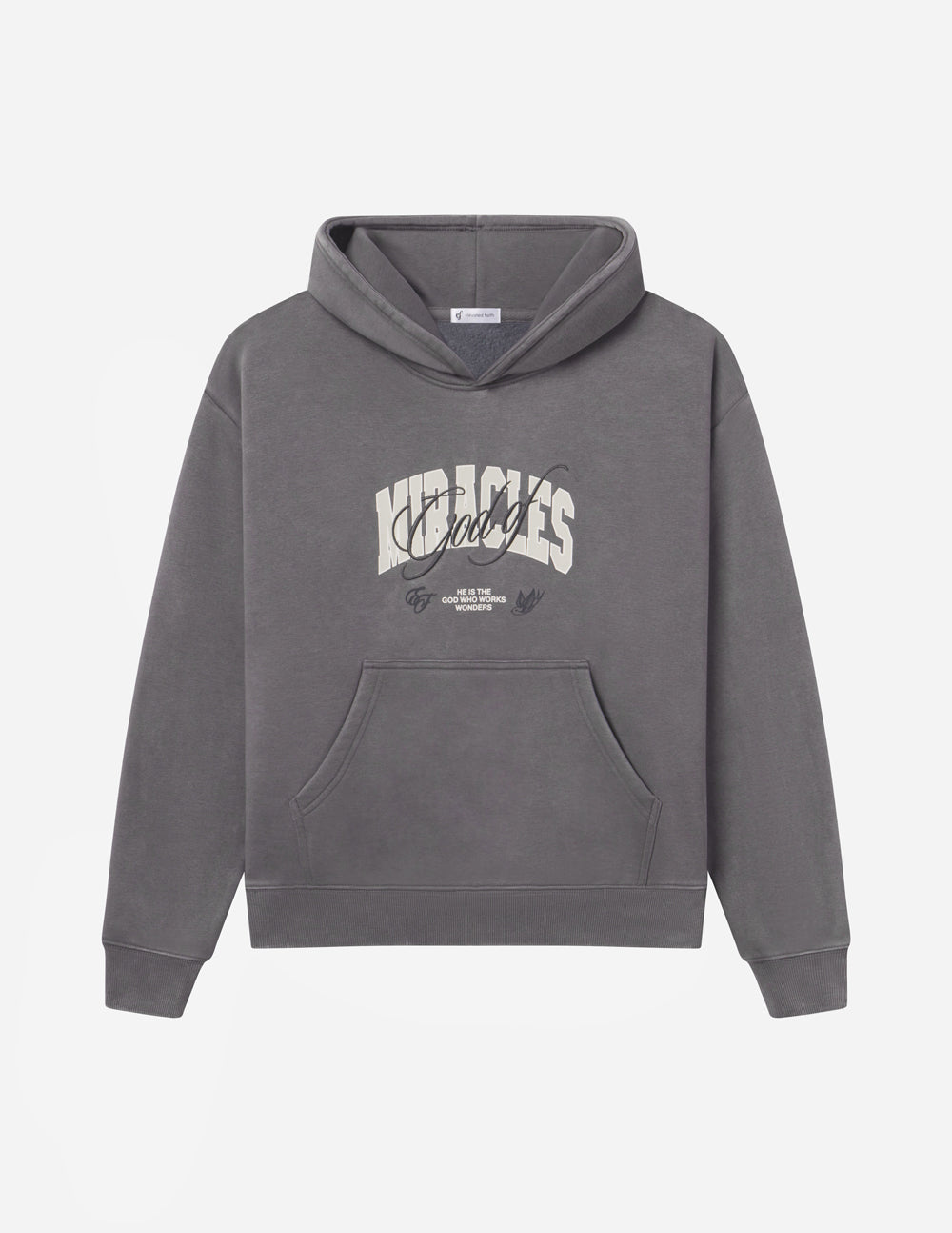 Dark gray unisex hoodie with front graphic print and kangaroo pocket