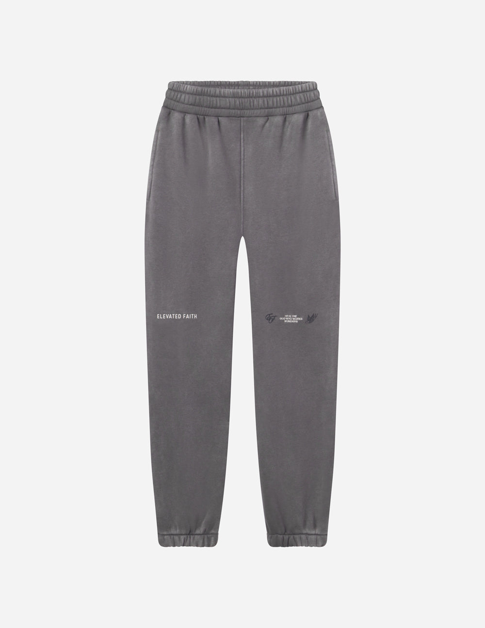 Dark gray unisex sweatpants with elastic waistband, straight tapered legs, printed logo