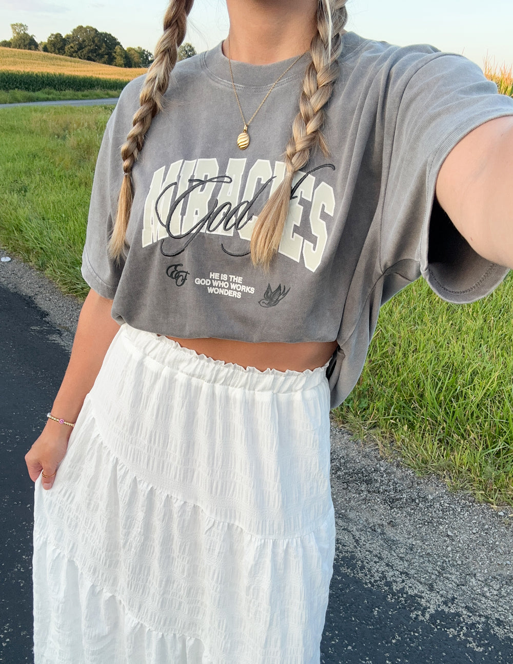 Gray graphic cropped T-shirt with front chest print and crew neckline