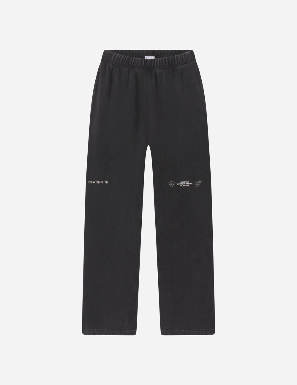 Black wide-leg sweatpants with elastic waistband and small side logos