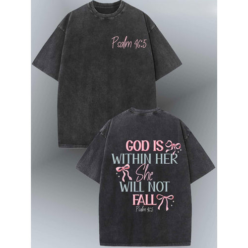Washed cotton T-shirt in dark gray with script “Psalm 46:5” and front graphic text