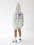 Kids light gray racing hoodie with purple logo on chest, front pocket