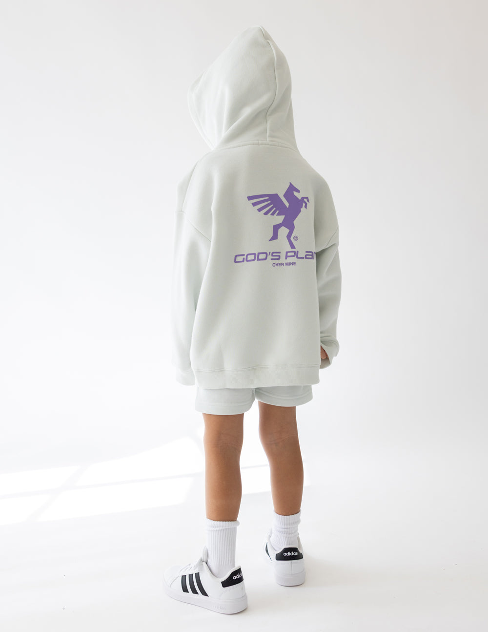Kids light gray racing hoodie with purple logo on chest, front pocket