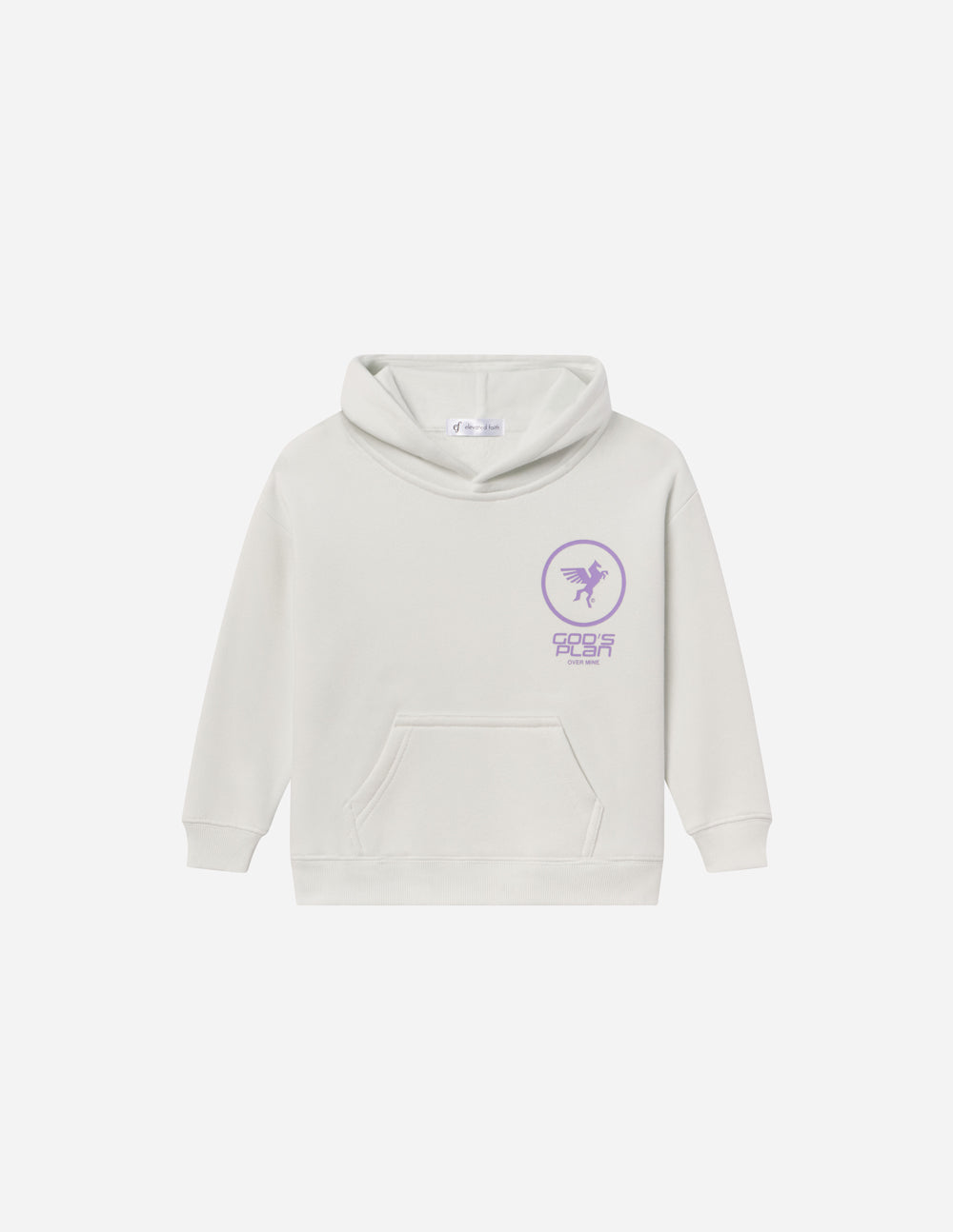 Kids light gray racing hoodie with purple logo and kangaroo pocket