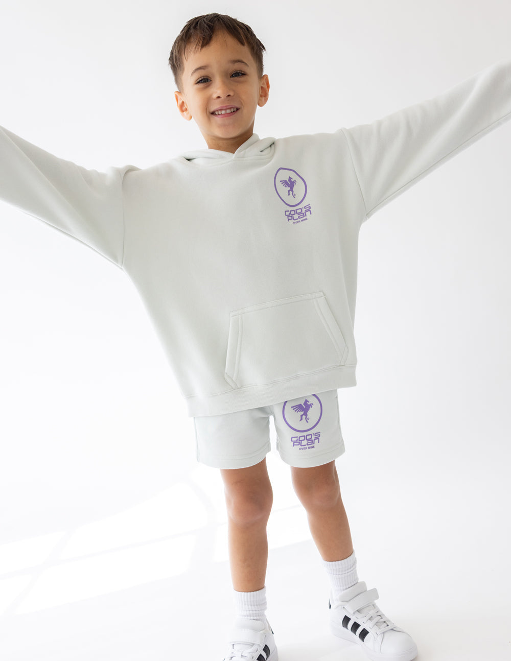 Kids light gray racing hoodie with purple logo, hood and kangaroo pocket