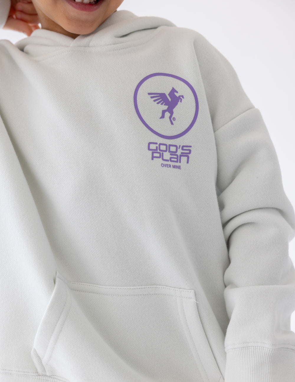 Kids light gray racing hoodie with purple chest logo and front pocket