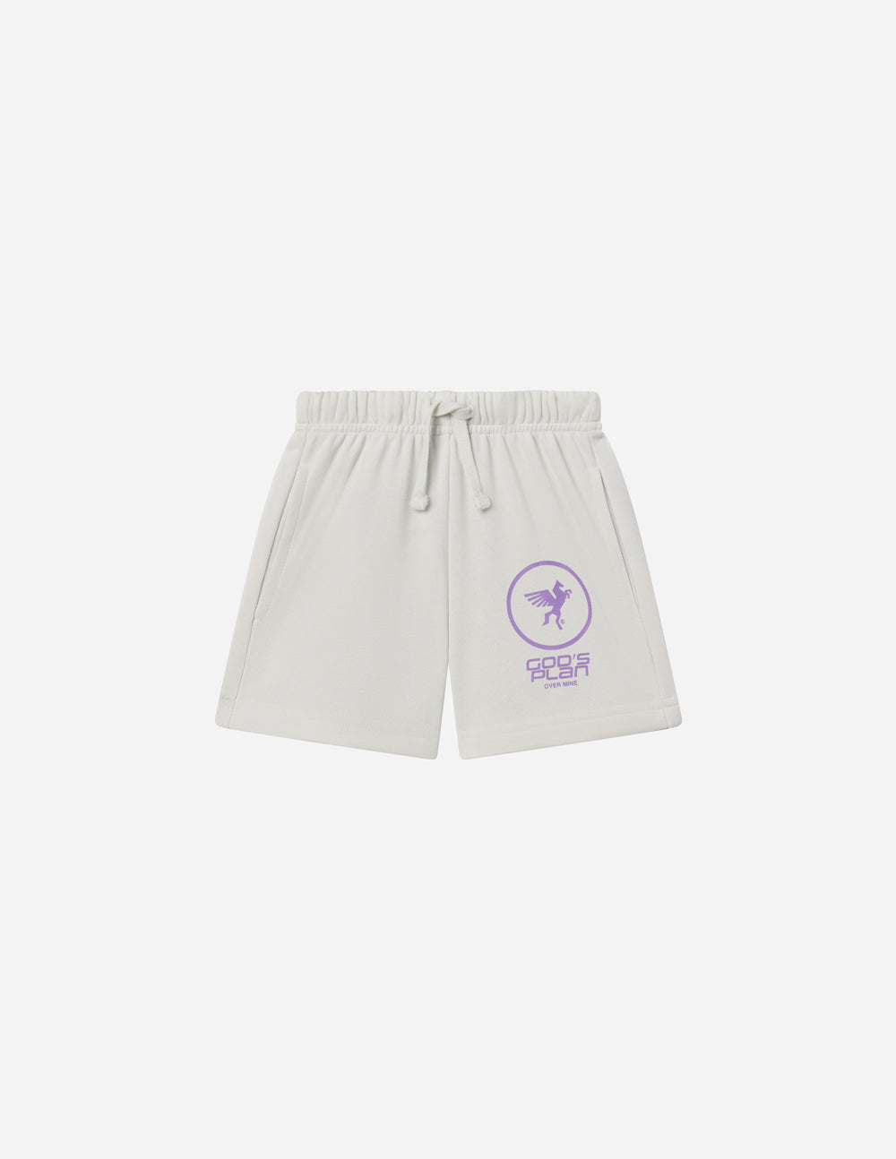White kids racing shorts flat with purple logo graphic and gathered waistband