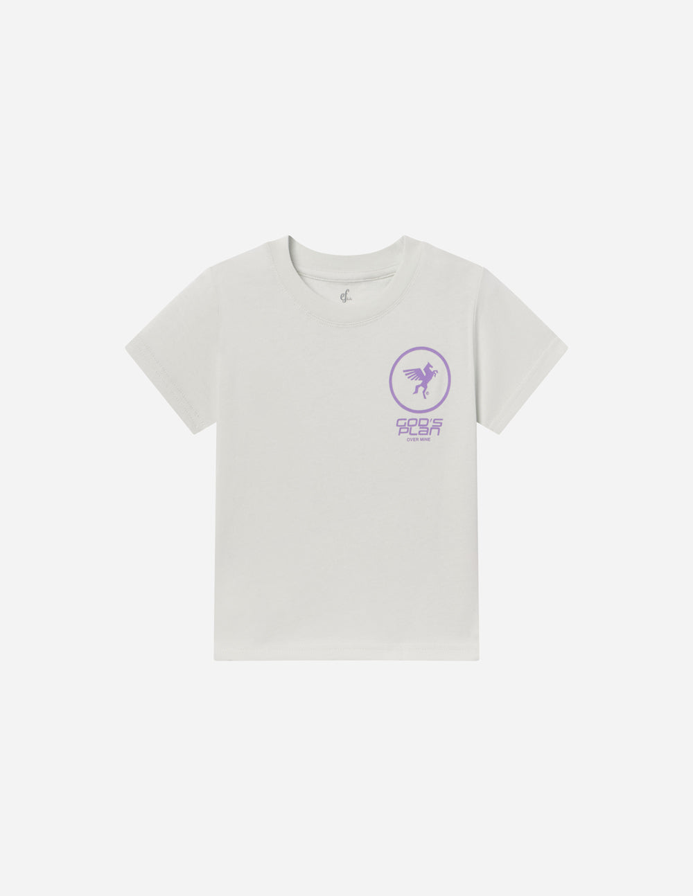 Kids racing T-shirt in white with purple small chest logo on a plain background