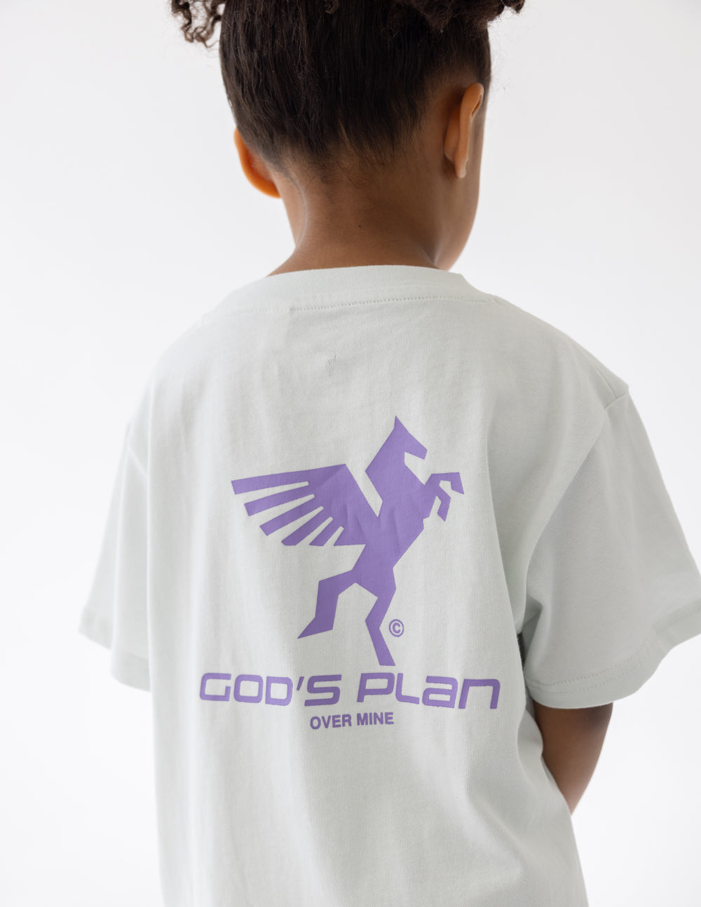 Kids racing T-shirt in white with purple graphic and text on the back