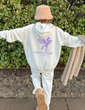 White unisex hoodie with purple racing logo graphic on back