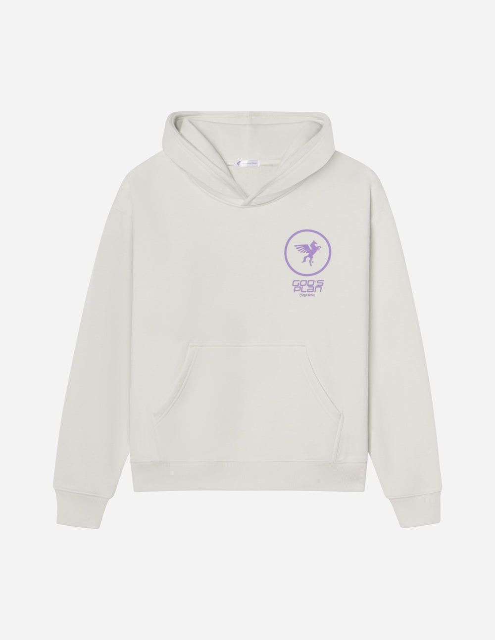 White unisex hoodie with front pocket and small purple logo on chest