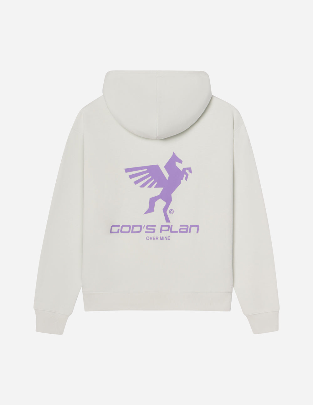 White unisex hoodie with large purple racing graphic on back