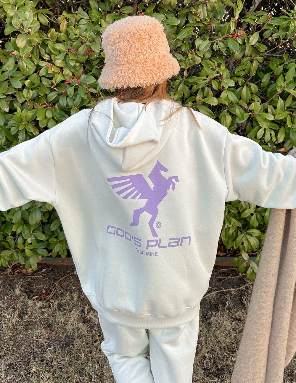 White unisex hoodie with purple racing graphic on back