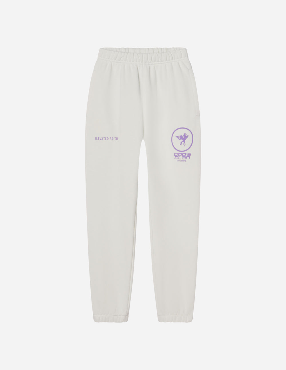 Light cream unisex sweatpants with elastic waistband and purple logo on leg