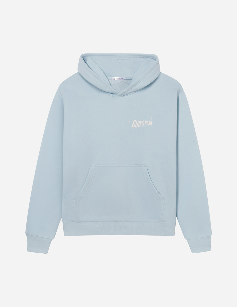 Light blue unisex hoodie front view with kangaroo pocket and hood