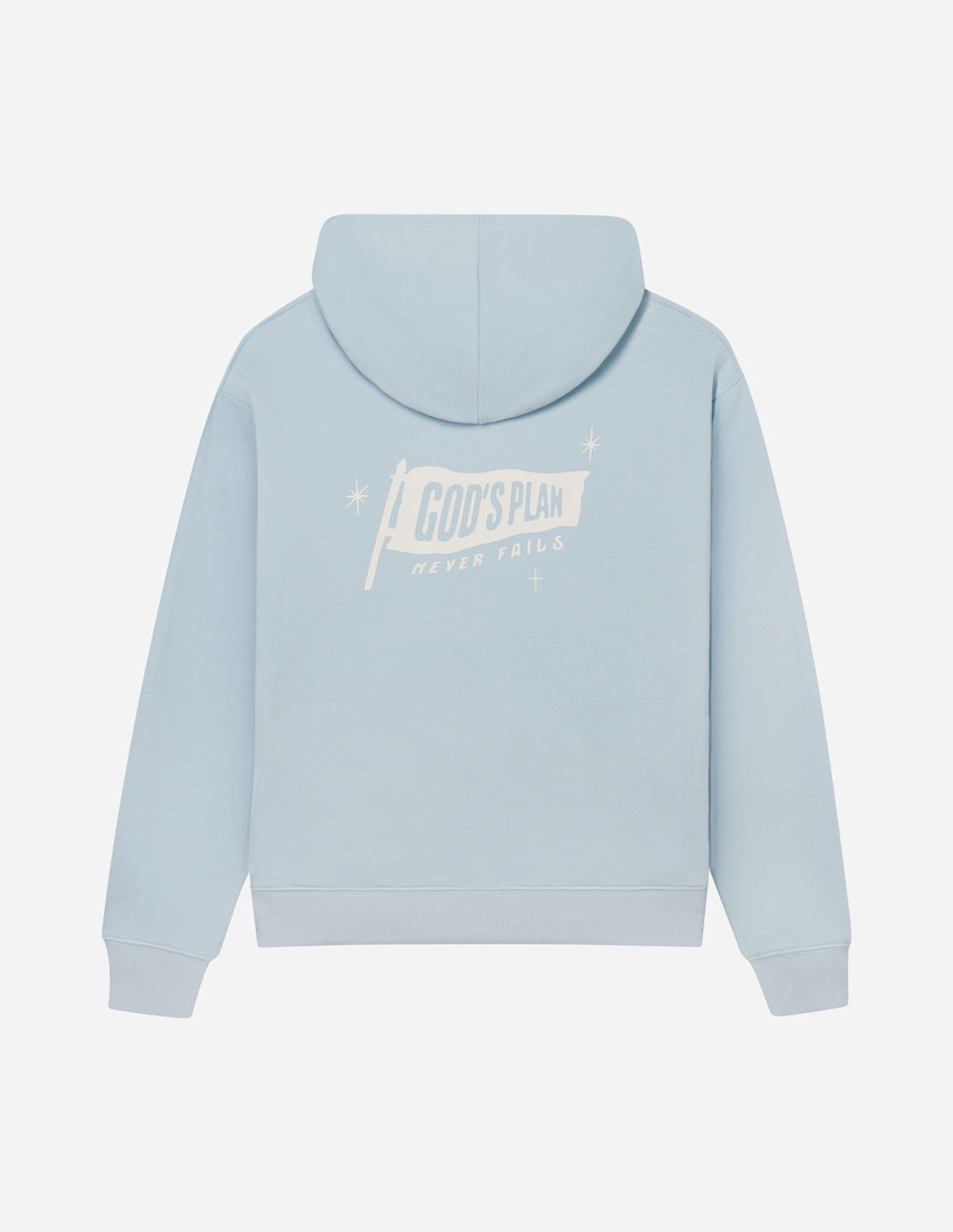 Light blue unisex hoodie back view with large logo and hood