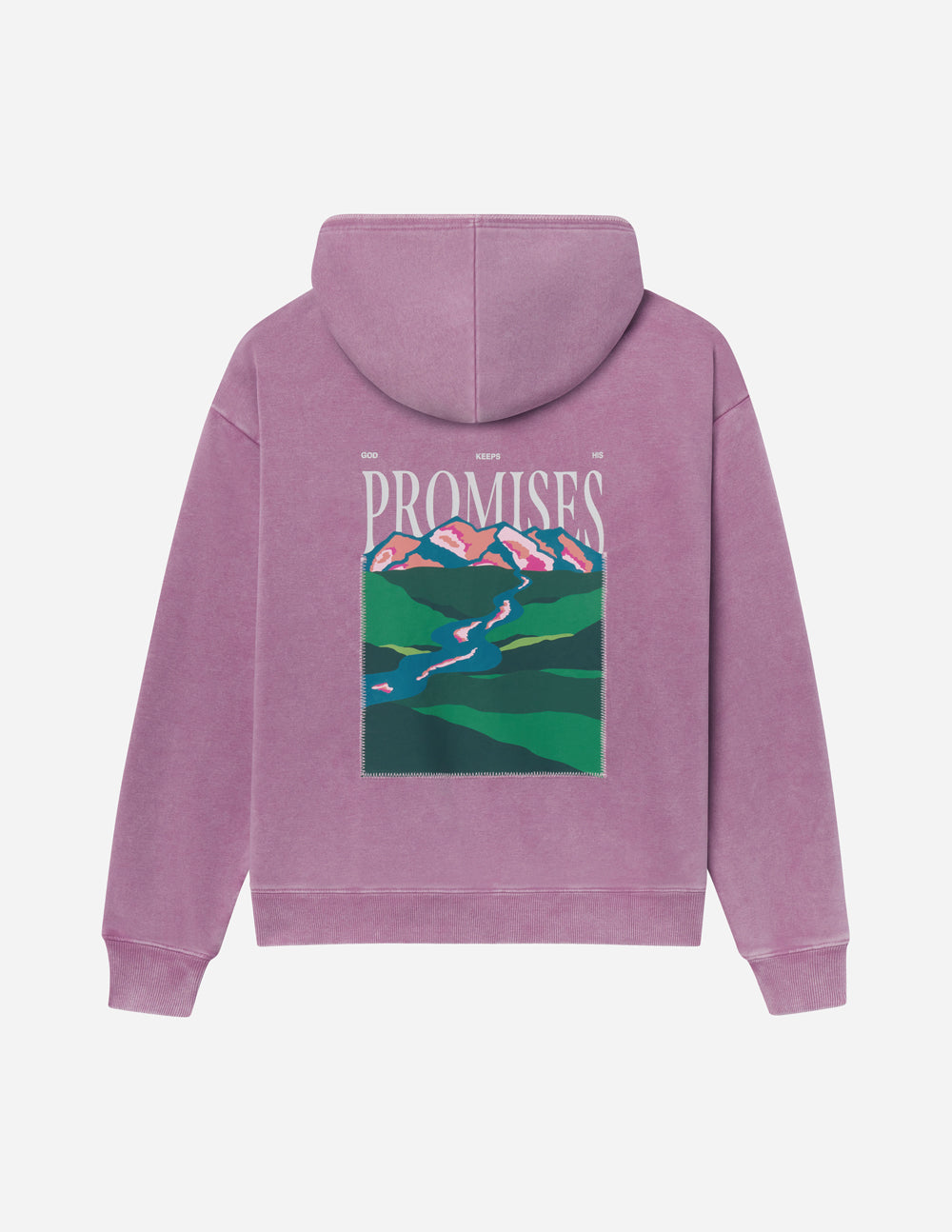 Purple unisex hoodie with hood and front 'PROMISES' graphic