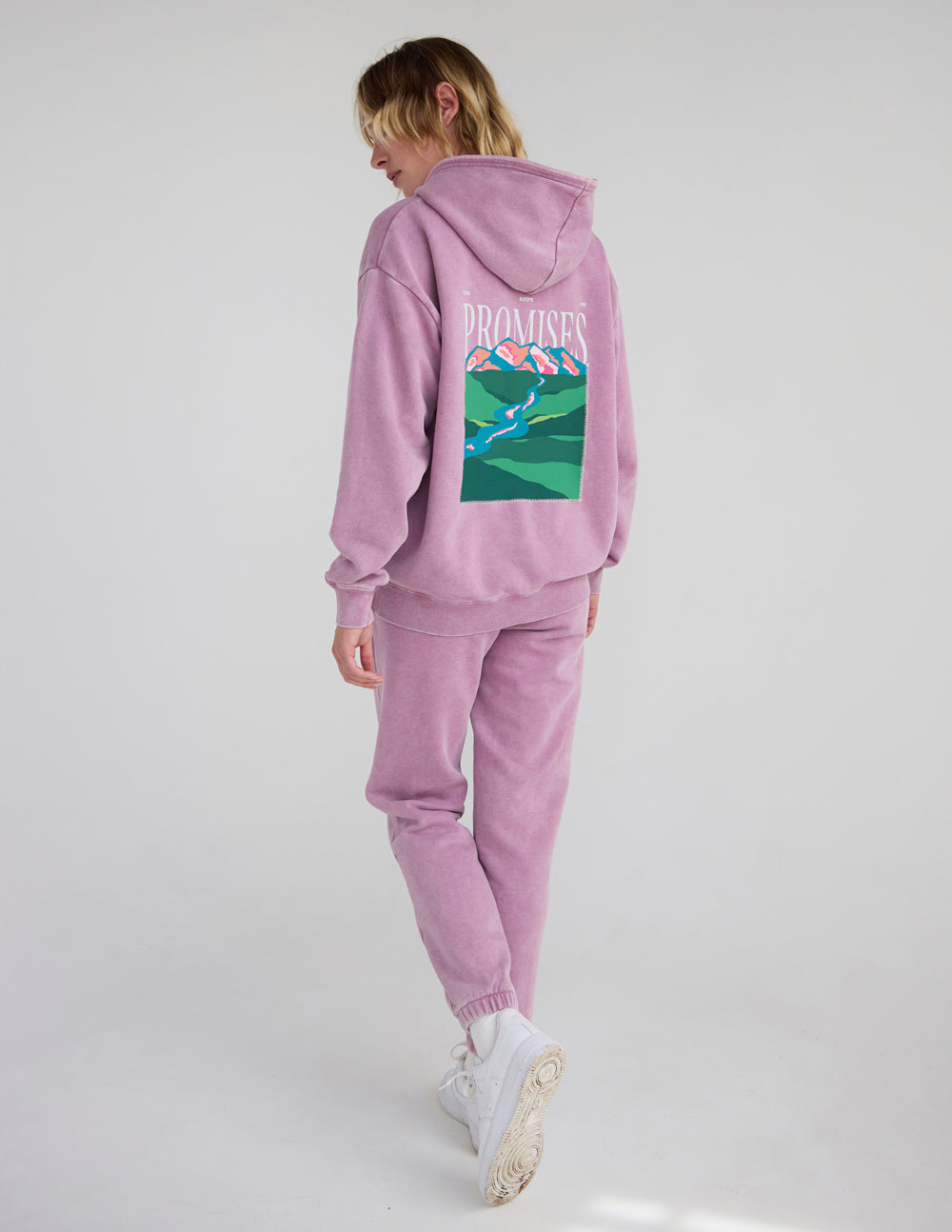 Lavender unisex hoodie with hood and large “Promises” back landscape graphic