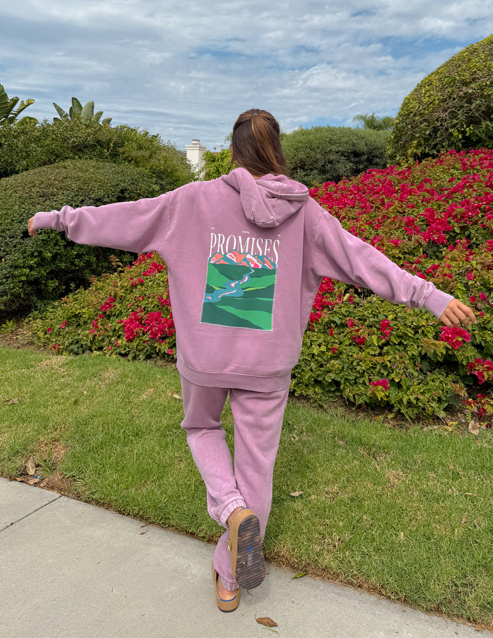 Lavender unisex hoodie with large back “Promises” landscape graphic and hood