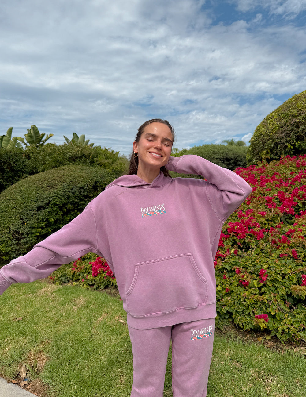 Lavender unisex hoodie with hood and front “Promises” logo embroidery