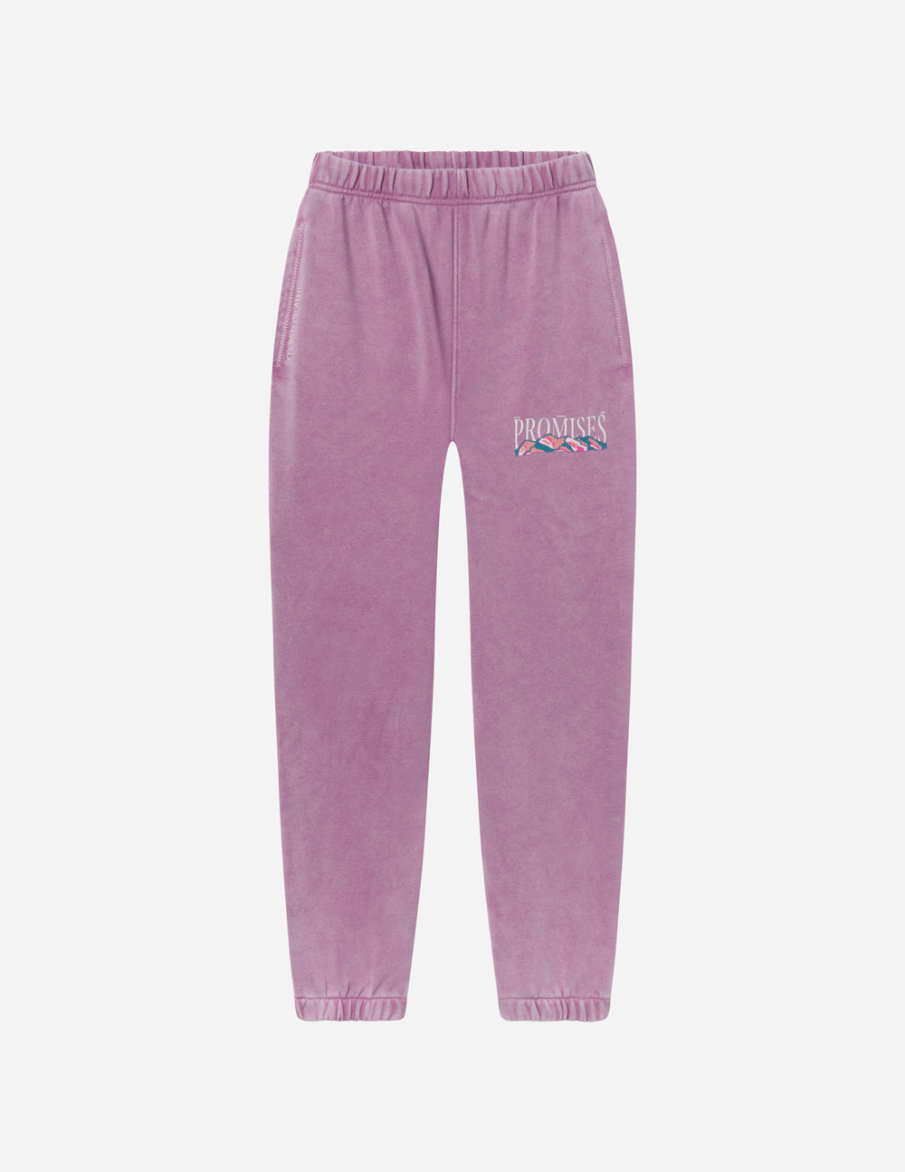 Lavender unisex sweatpants with elastic waistband, tapered legs, and thigh logo