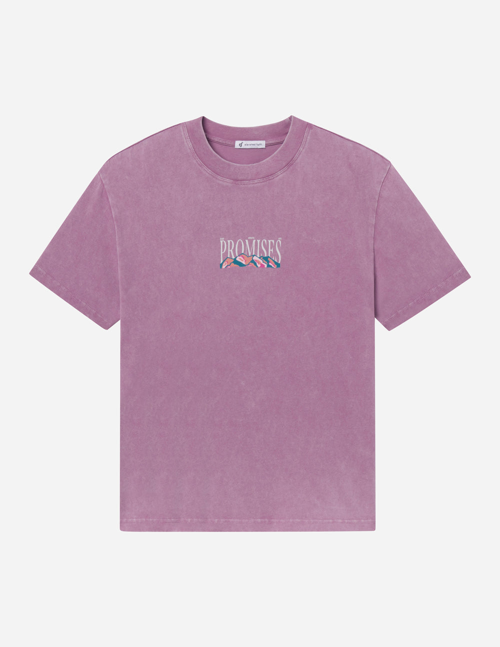 Lavender unisex T-shirt, front view with small “Promises” logo at center chest.