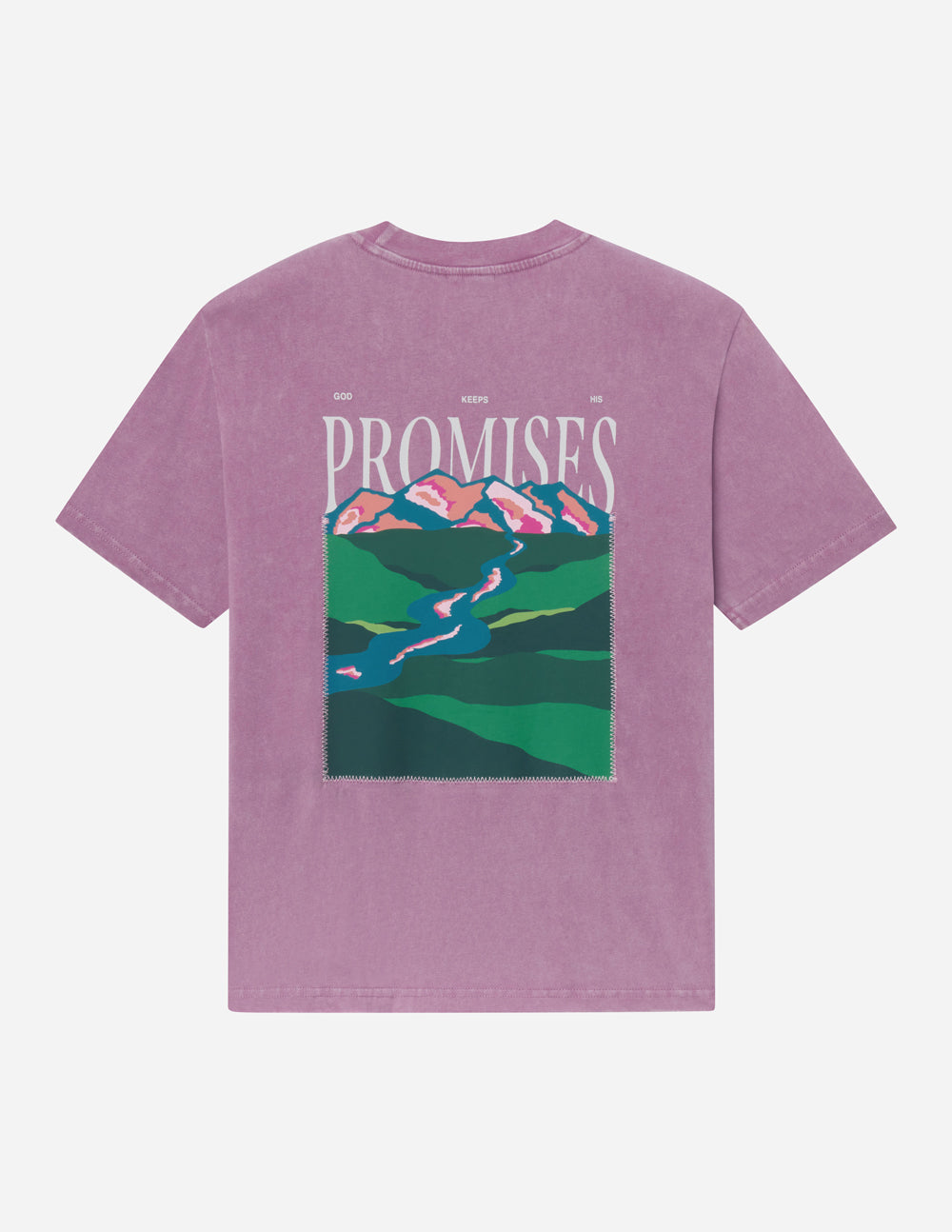 Lavender unisex T-shirt, back view with “Promises” text over landscape image.