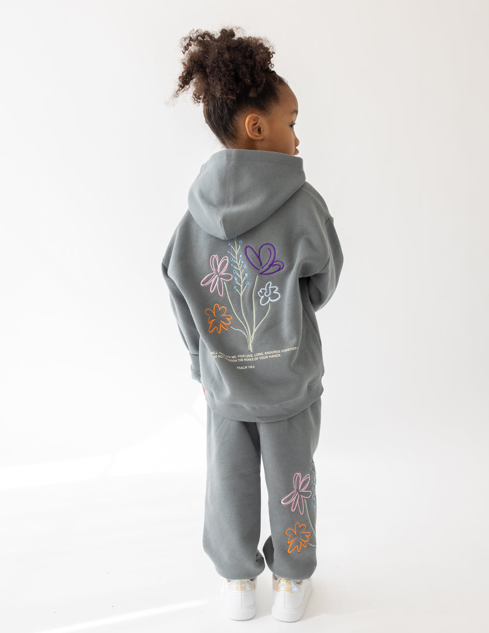 Kids gray hoodie with colorful flower embroidery on back and side sleeves