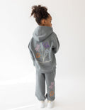 Kids gray hoodie with colorful flower embroidery on back and side sleeves