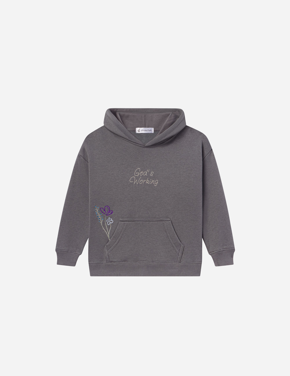 Kids gray pullover hoodie with front kangaroo pocket and flower graphic.