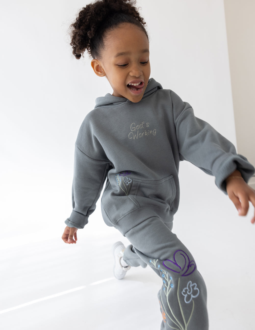 Kids gray hoodie with hood, kangaroo pocket, and small chest verse print