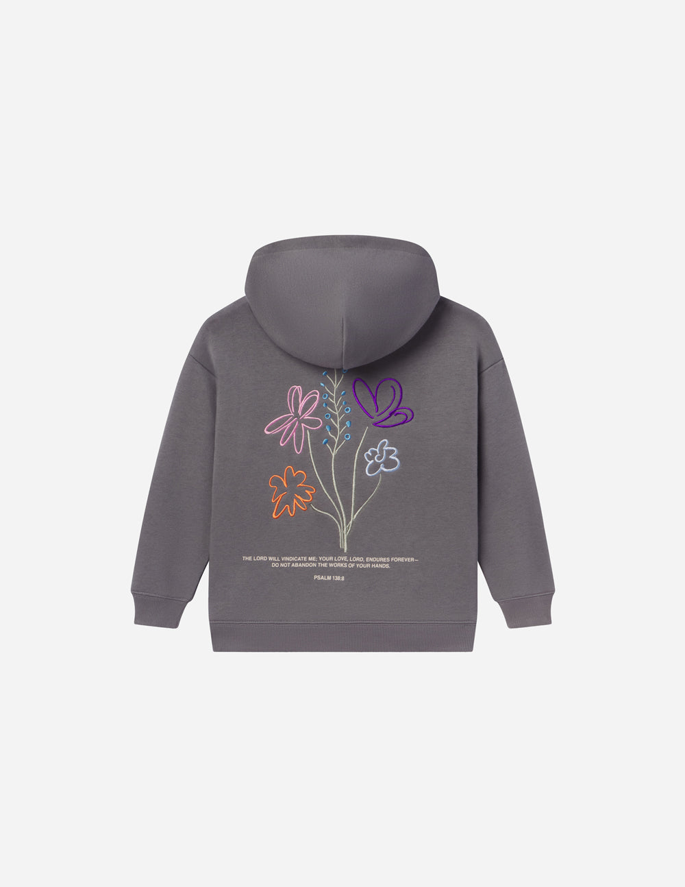 Kids gray hoodie back view with multicolor floral butterfly bouquet graphic and hood.