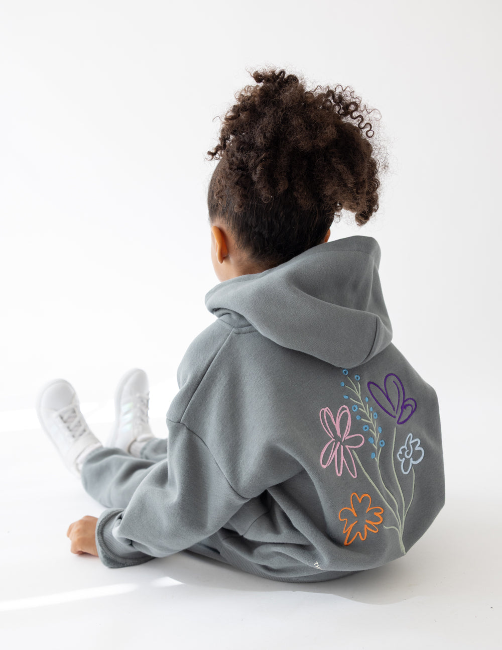 Kids gray hoodie with hood and colorful flower embroidery on the back panel
