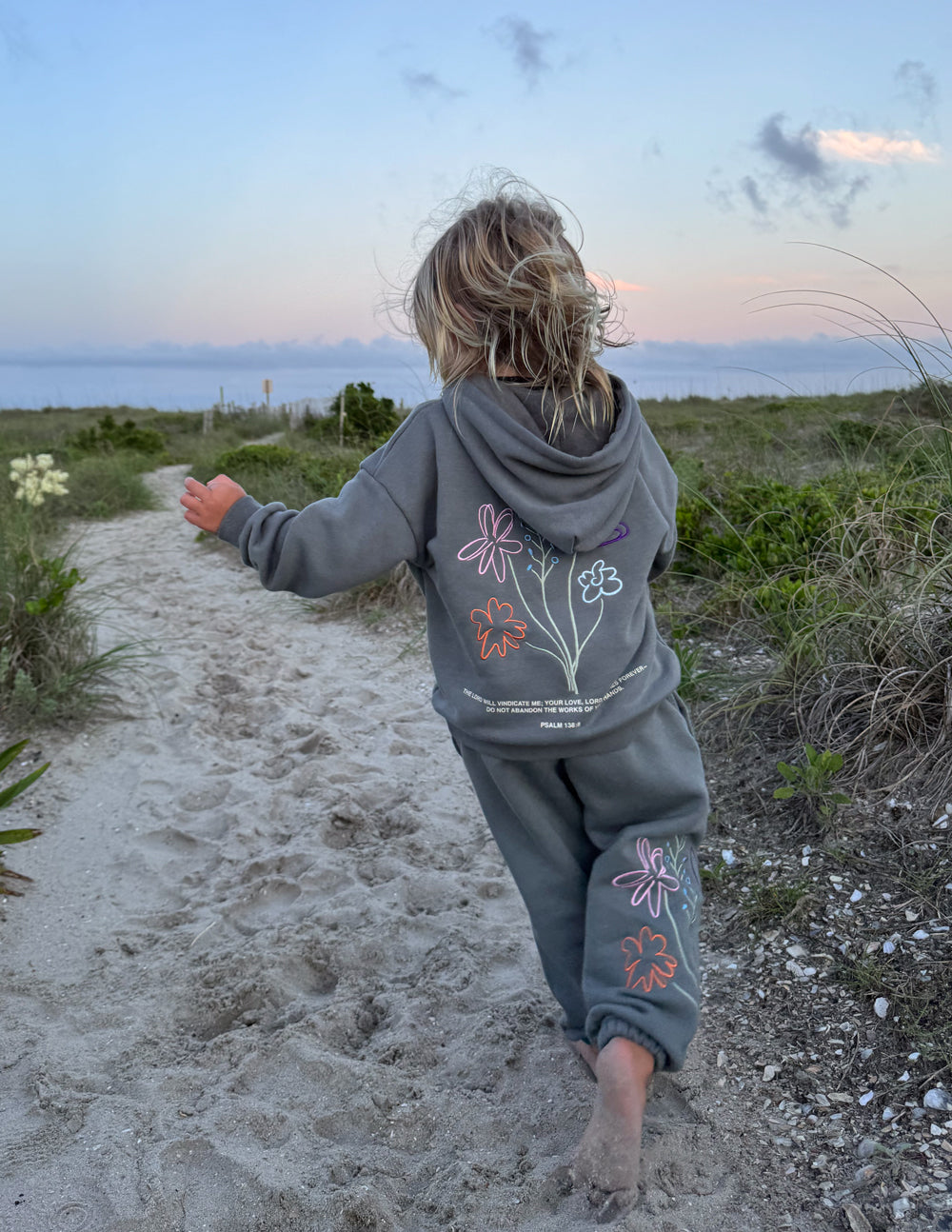 Kids gray hoodie with hood, kangaroo pocket, and floral embroidery on back