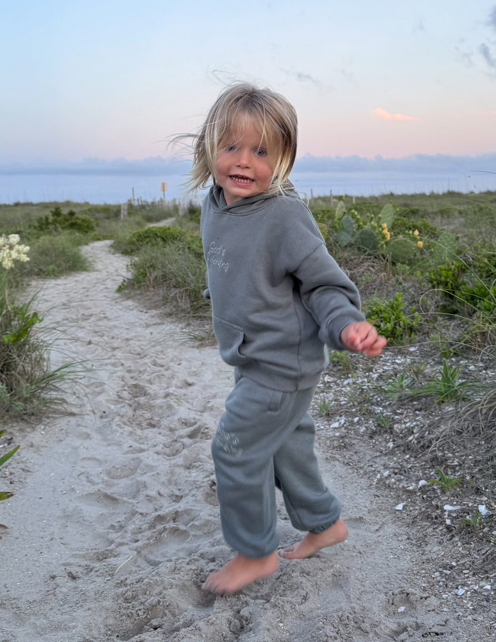 Kids gray hoodie with hood and kangaroo pocket, minimal front design