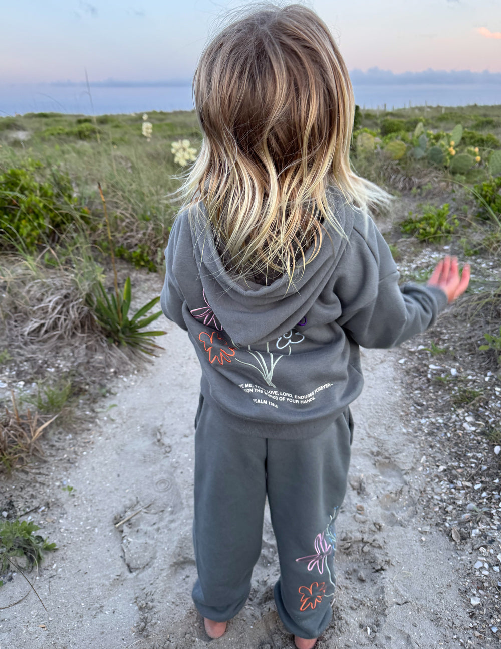 Kids gray hoodie with hood and colorful flower embroidery on the back