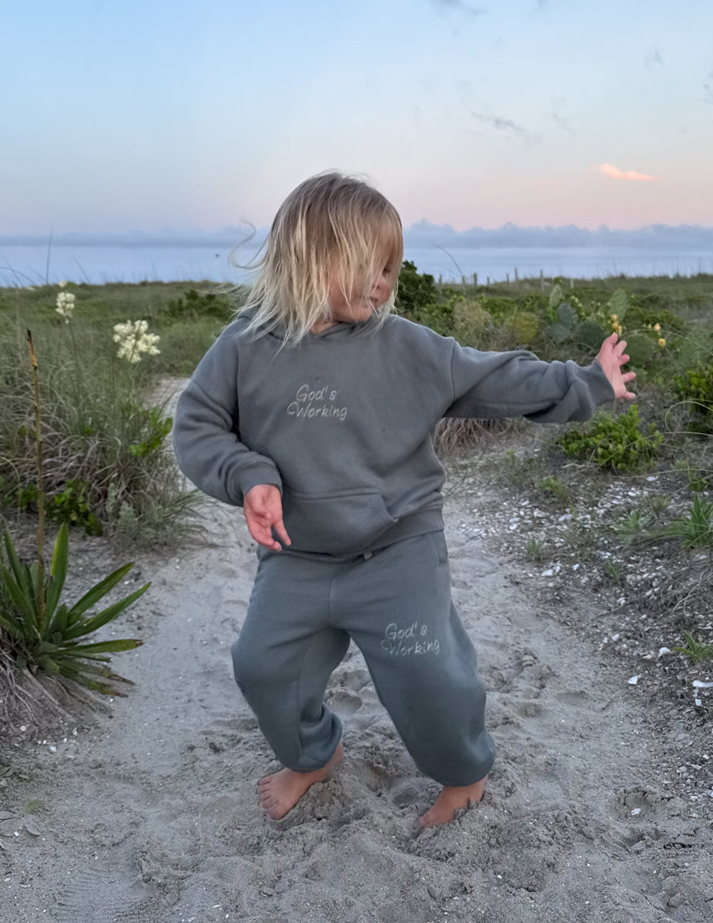 Kids gray hoodie with hood and back verse text with floral embroidery