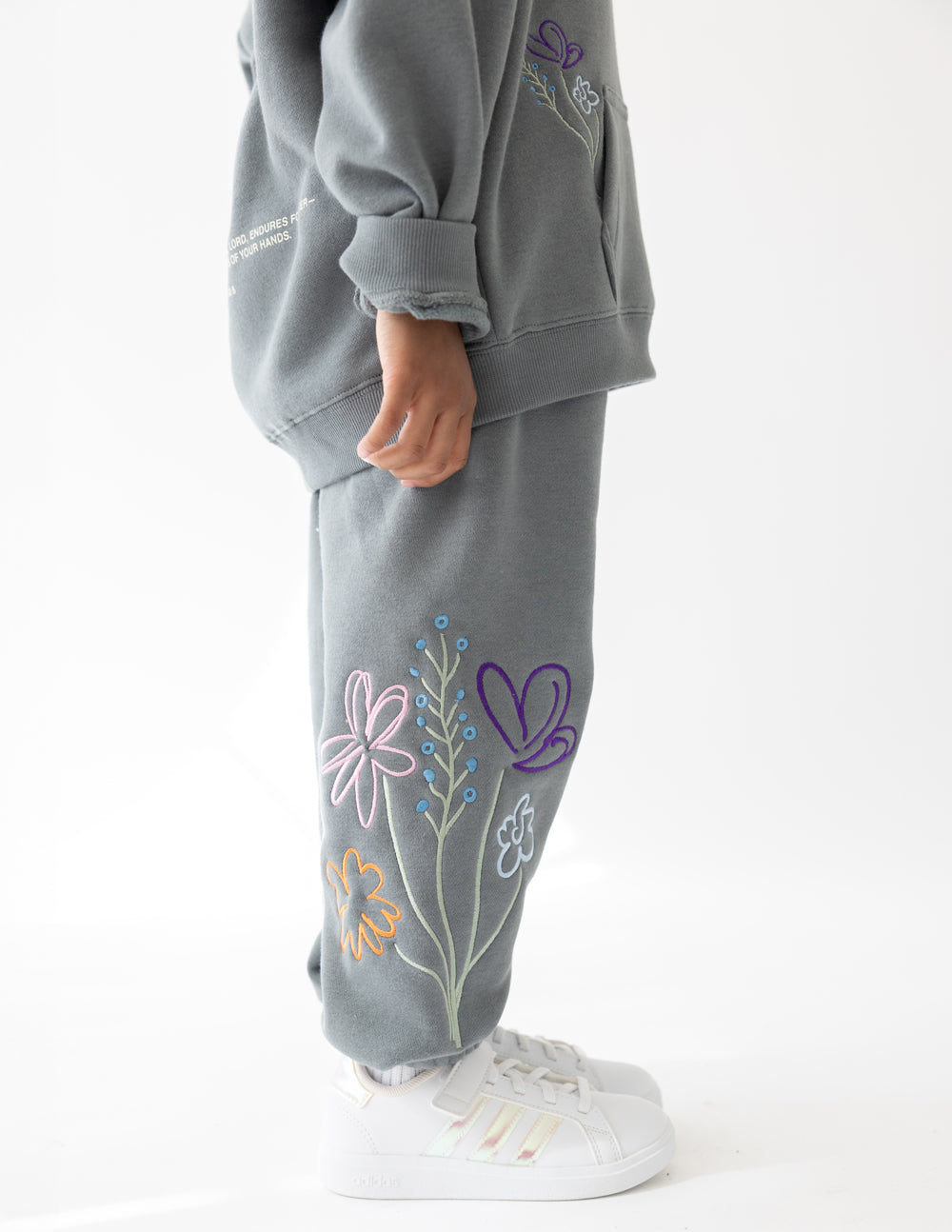 Kids gray sweatpants with embroidered flower and heart design on side leg