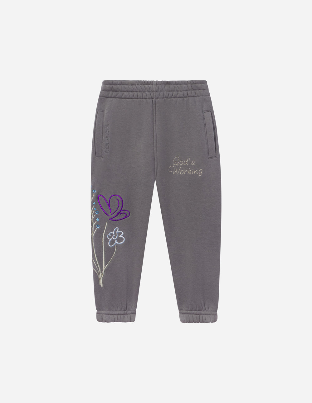 Kids gray sweatpants on hanger view with heart and flower embroidery