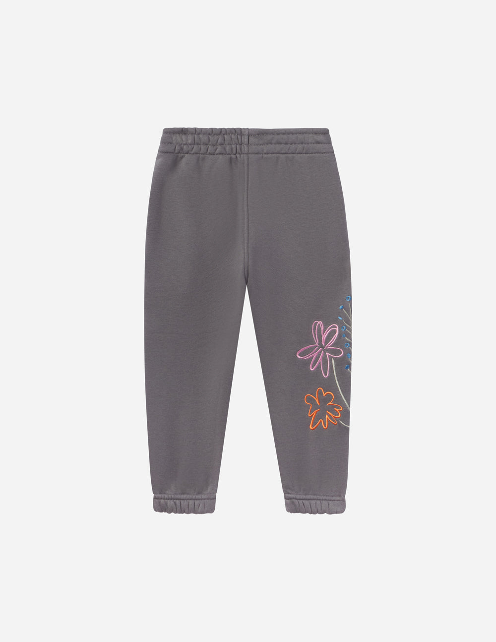 Kids gray sweatpants with colorful flower embroidery on right leg