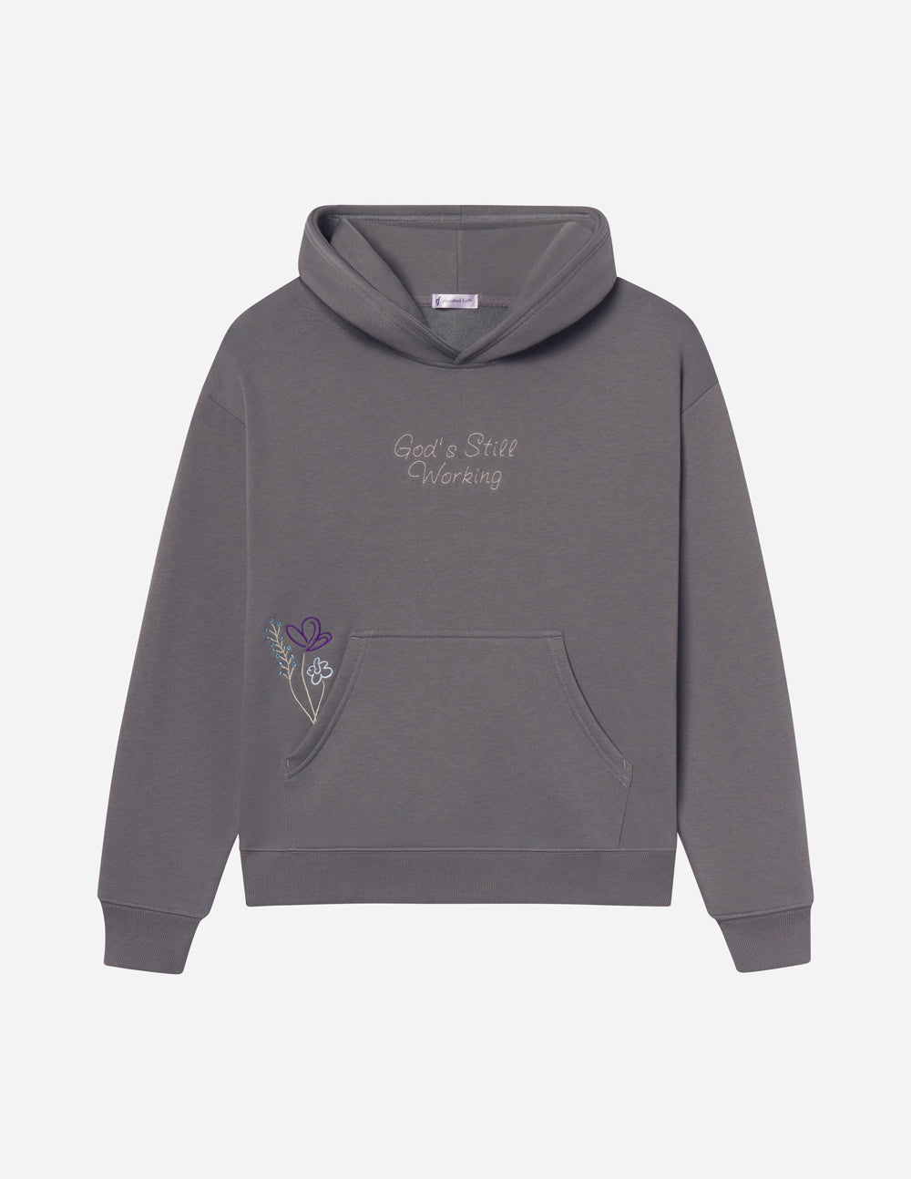 Unisex dark gray hoodie with front pocket and chest graphic text