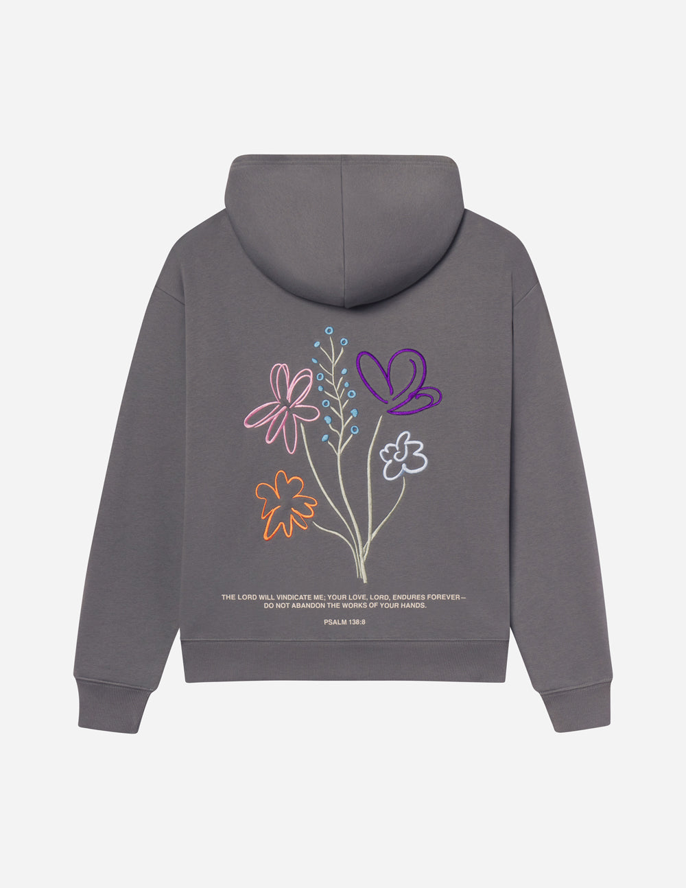 Unisex dark gray hoodie with back floral graphic and printed text