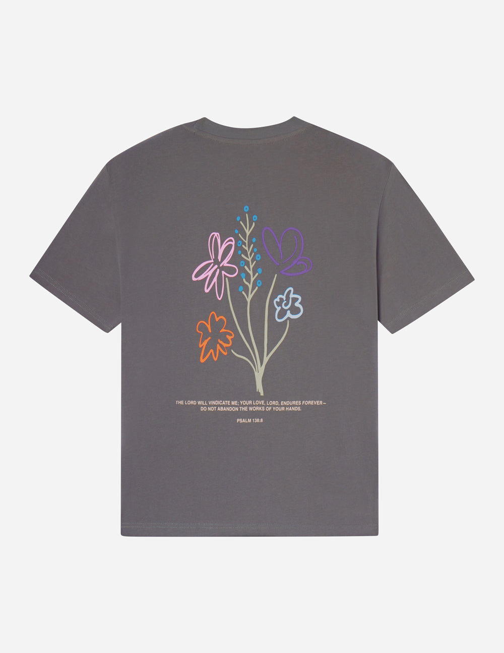 Unisex heather-gray tee with back floral graphic and lines of script text