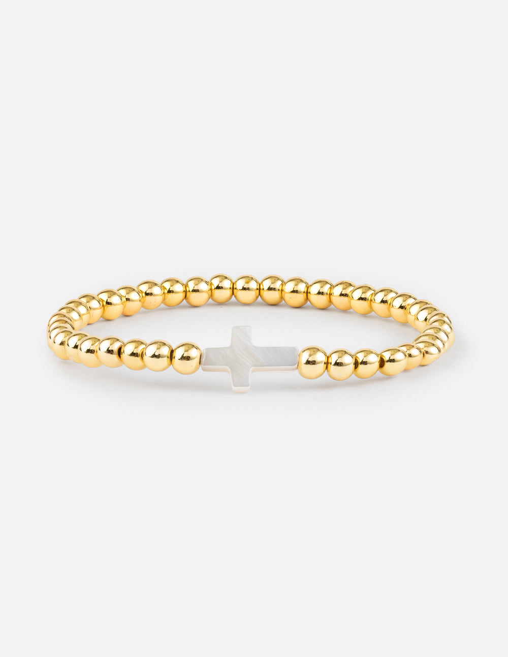 Gold beaded cross bracelet with a small white cross charm and link accents