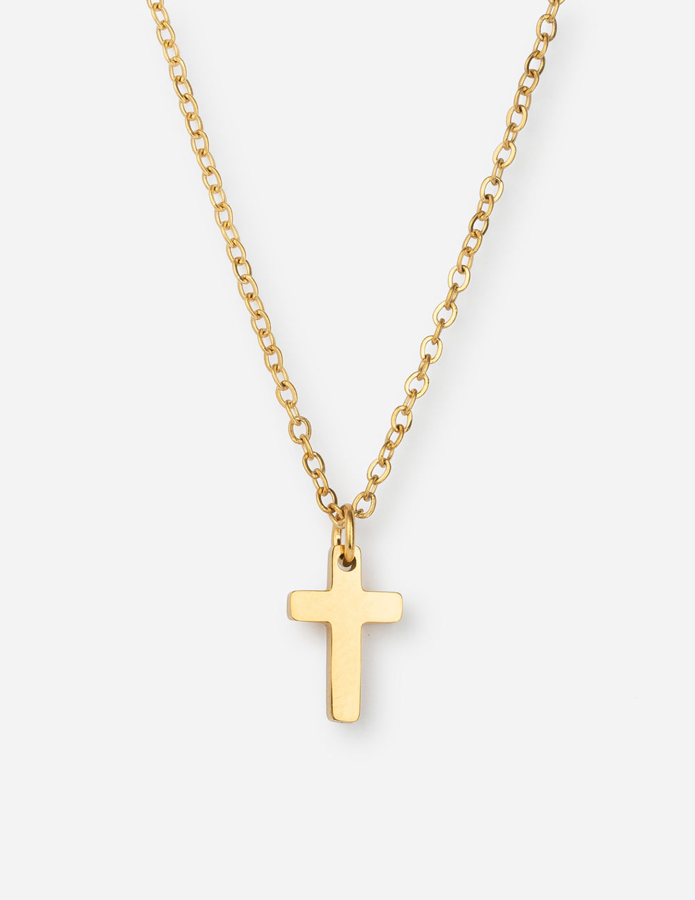 Gold cross necklace with flat cross pendant on link chain