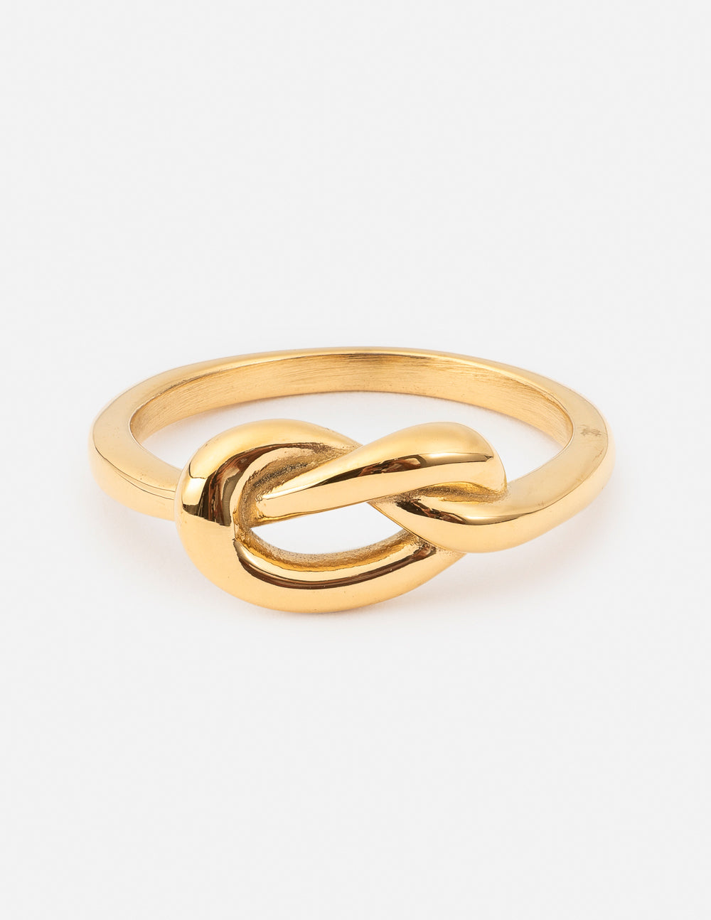 Gold knot ring with interlocking loop design, polished finish