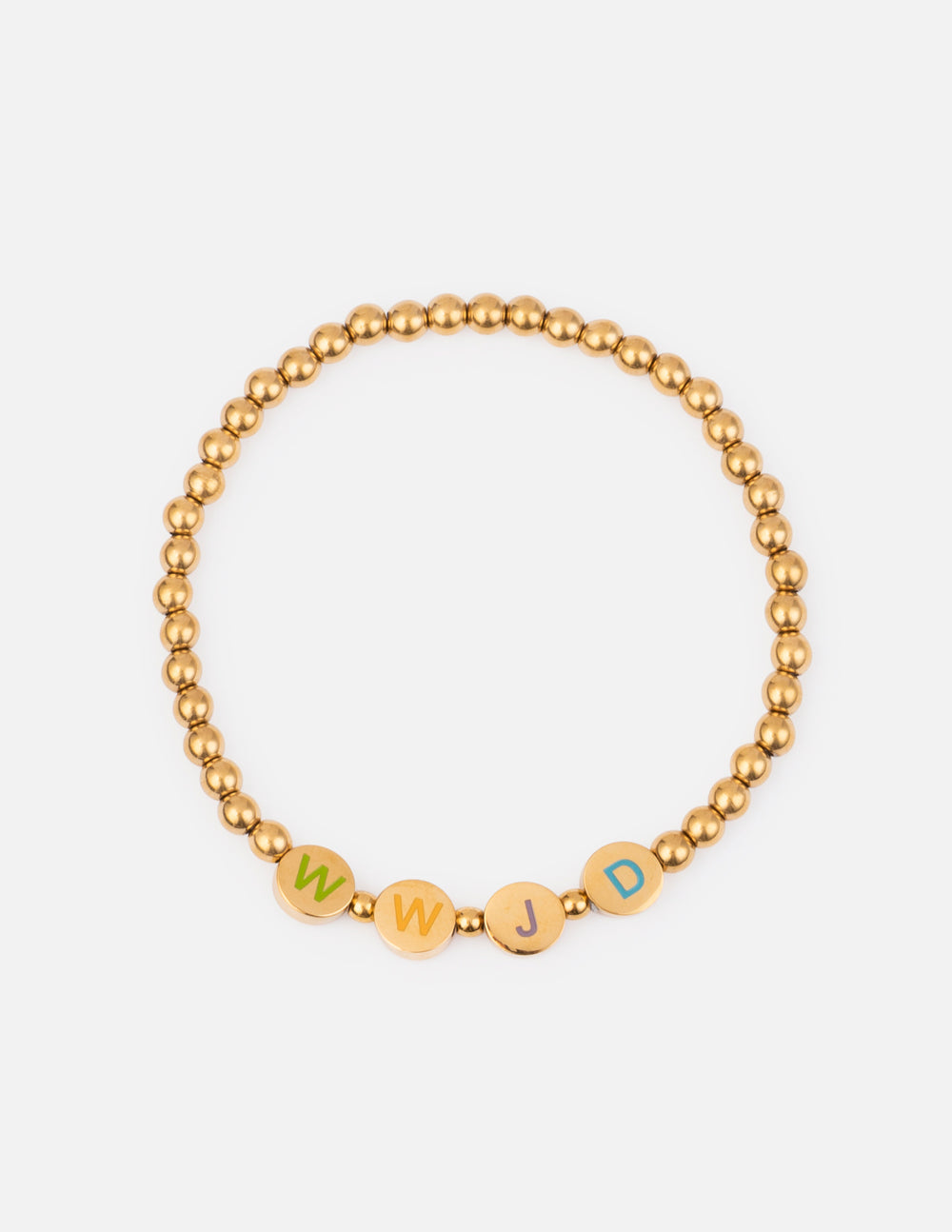 Gold beaded letter bracelet with round beads and colored letter charms