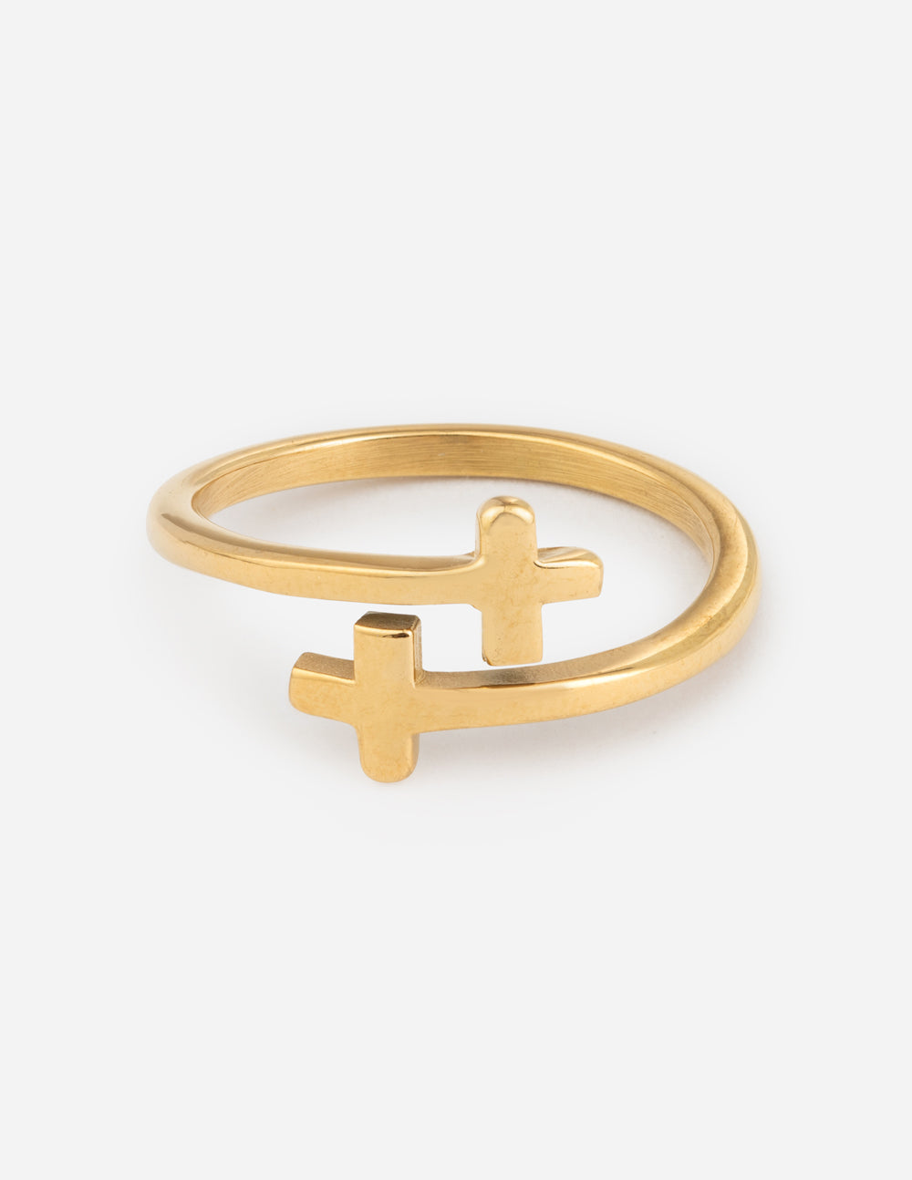 Gold cross wrap ring with two raised cross charms on a slim band