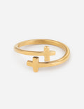 Gold cross wrap ring with two raised cross charms on a slim band